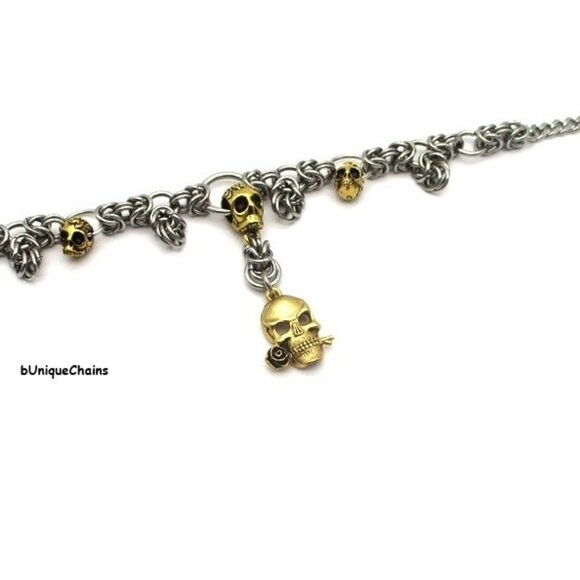 Gold Skulls Rose Silver Chain Maille Link Choker Boot Chain Rocker Goth Punk Fun - Picture 2 of 10